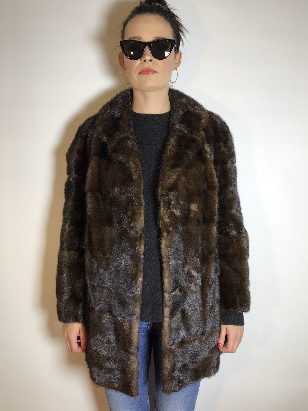 Lange Nerzjacke dunkelbraun Querschnitt, Exklusiv vom Kürschner Gr. 36/38 Damen