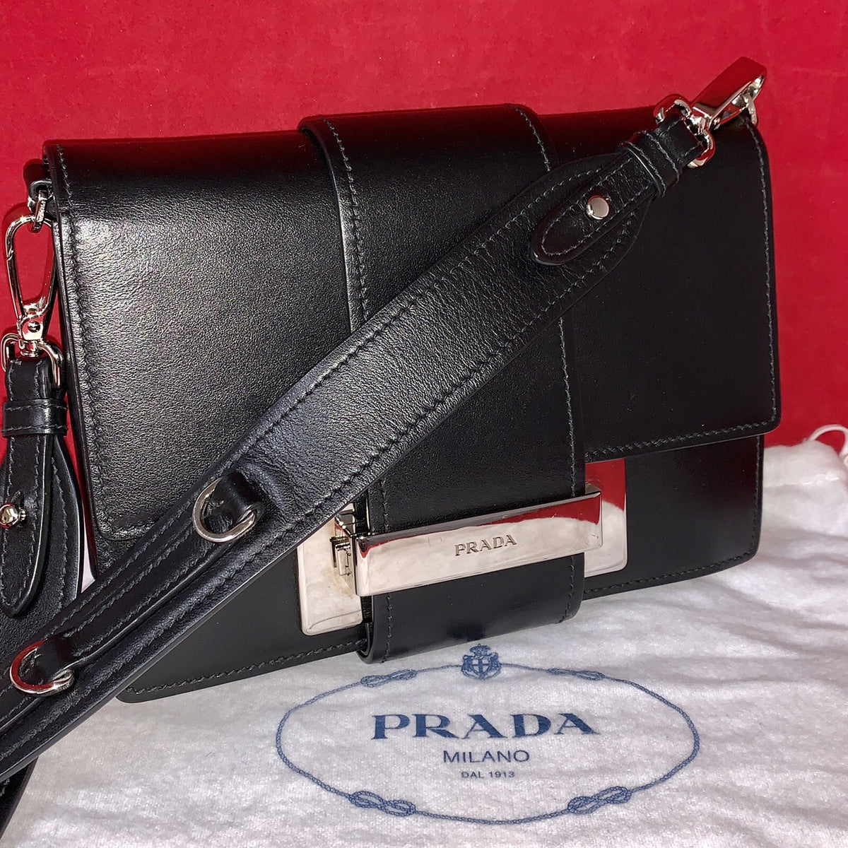 Prada Ribbon Kleine Damen Umhängetasche Leder Schwarz Shoulder Bag Black Leather