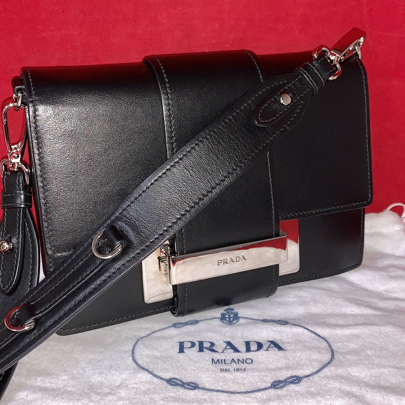 Prada Ribbon Kleine Damen Umhängetasche Leder Schwarz Shoulder Bag Black Leather