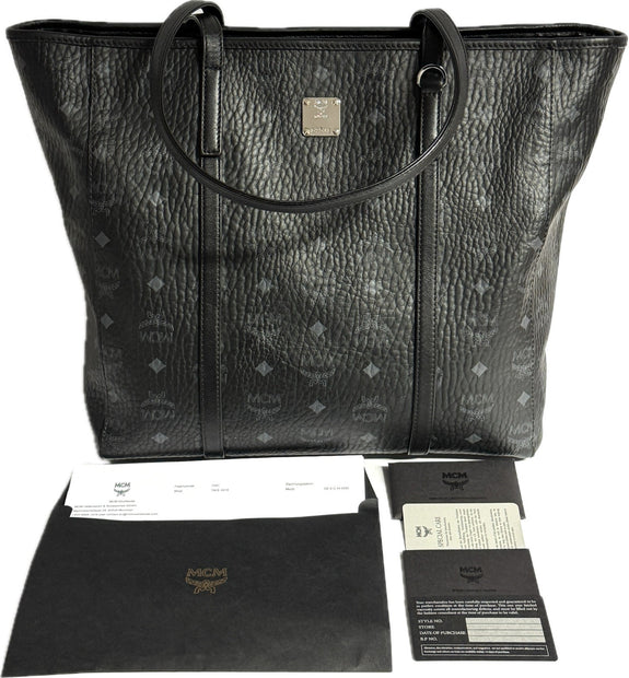 MCM Toni Medium Shopper mit Reissverschluss in Visetos Schwarz mit Rechnung