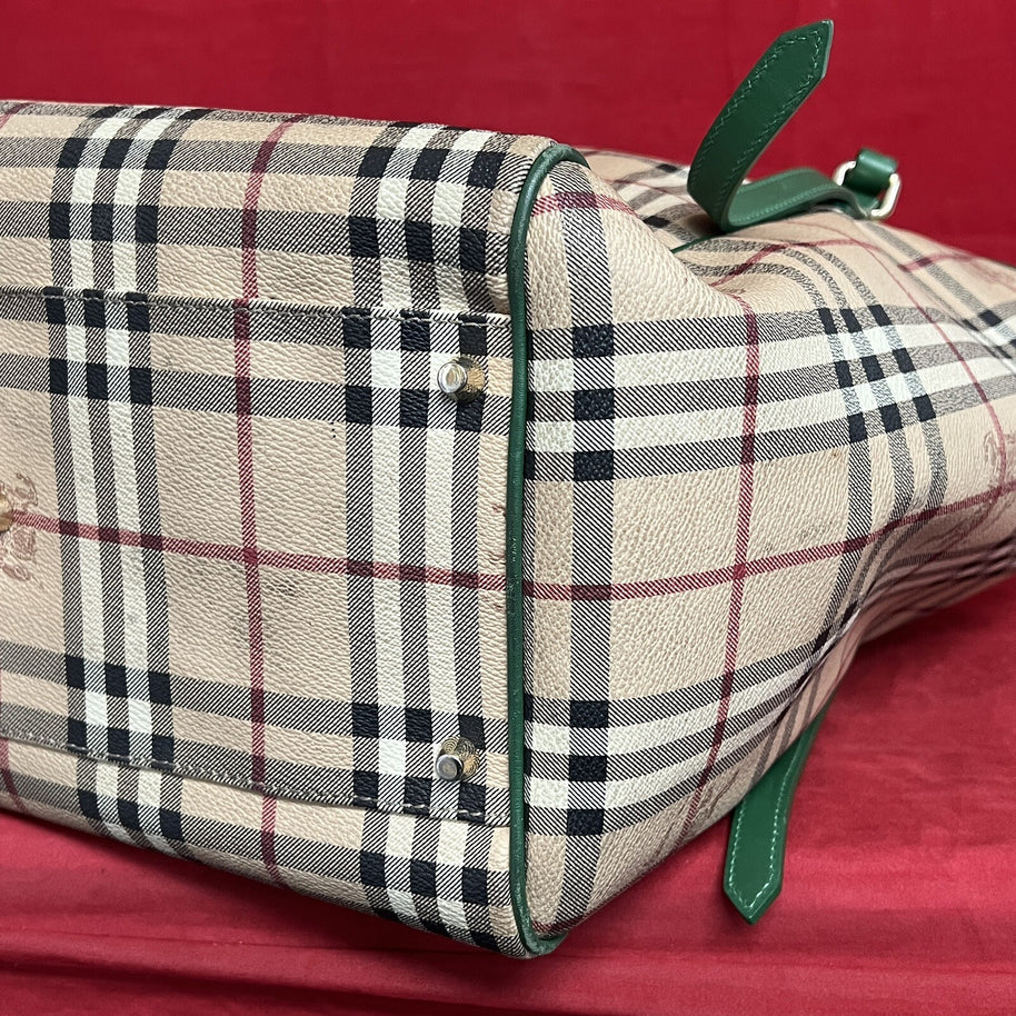 Große Burberry Shopper Damen Schultertasche Leder Beige & Grün Nova Check