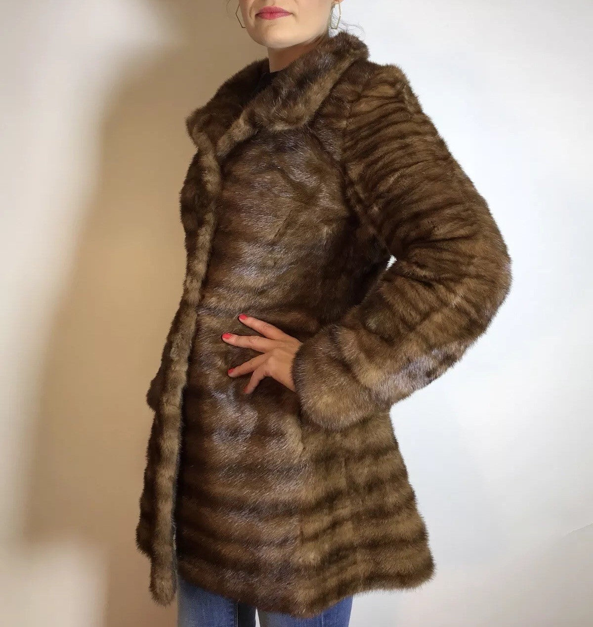 Lange Nerzjacke naturbraun Querschnitt, Exklusiv vom Kürschner Gr. 34/36 Damen
