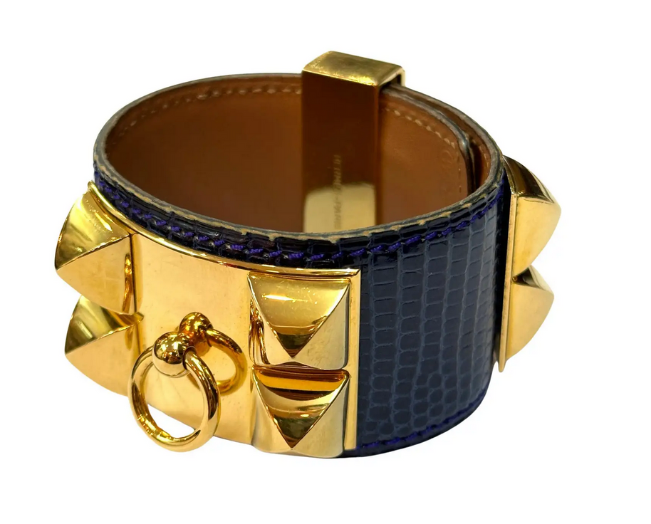 Hermès Collier de Chien Armband aus Blauem Leder & Goldbeschlägen