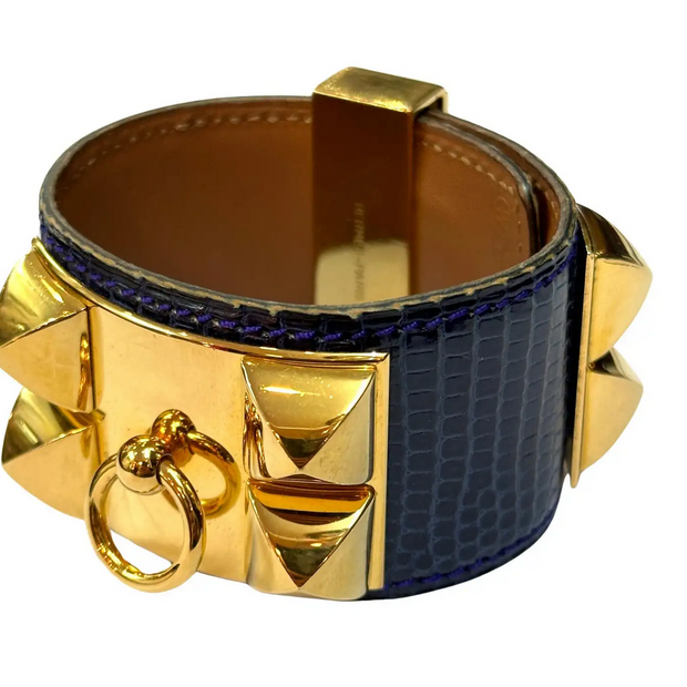 Hermès Collier de Chien Armband aus Blauem Leder & Goldbeschlägen