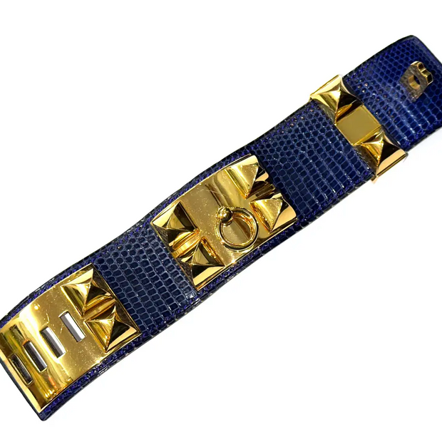 Hermès Collier de Chien Armband aus Blauem Leder & Goldbeschlägen