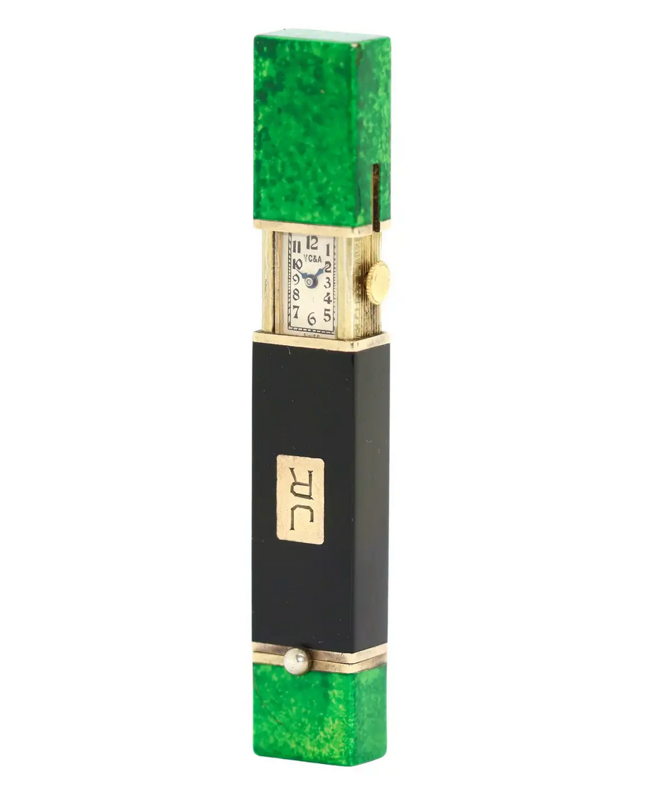 Van Cleef & Arpels Lippenstiftetui mit integrierter Damenuhr aus Malachit & Onyx