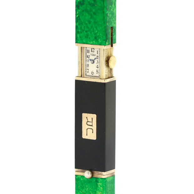 Van Cleef & Arpels Lippenstiftetui mit integrierter Damenuhr aus Malachit & Onyx