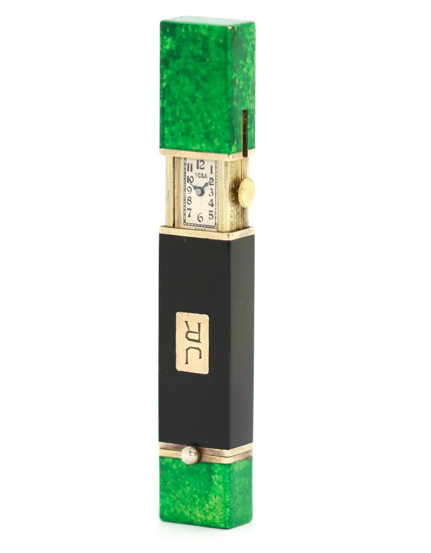 Van Cleef & Arpels Lippenstiftetui mit integrierter Damenuhr aus Malachit & Onyx