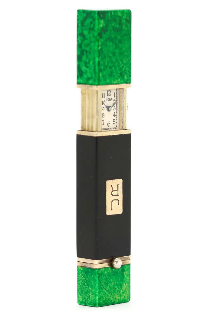 Van Cleef & Arpels Lippenstiftetui mit integrierter Damenuhr aus Malachit & Onyx