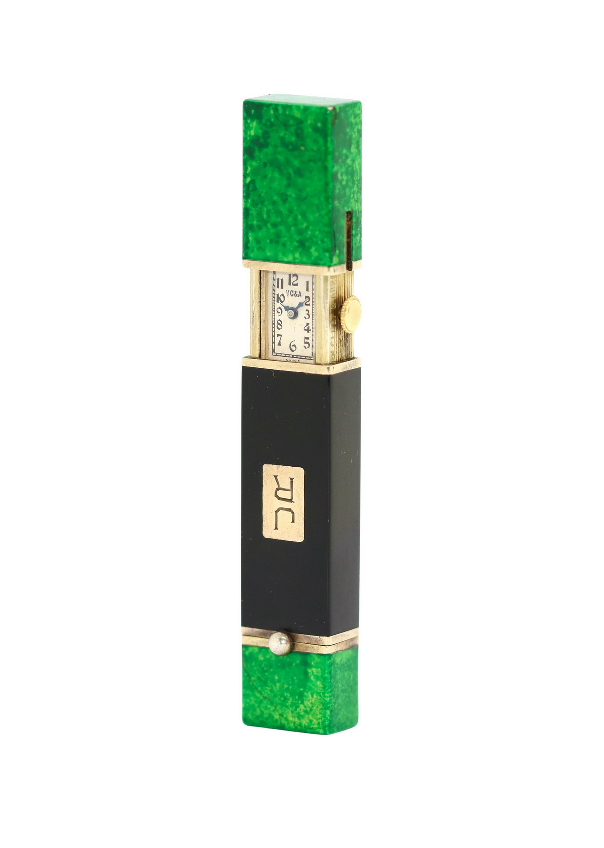 Van Cleef & Arpels Lippenstiftetui mit integrierter Damenuhr aus Malachit & Onyx