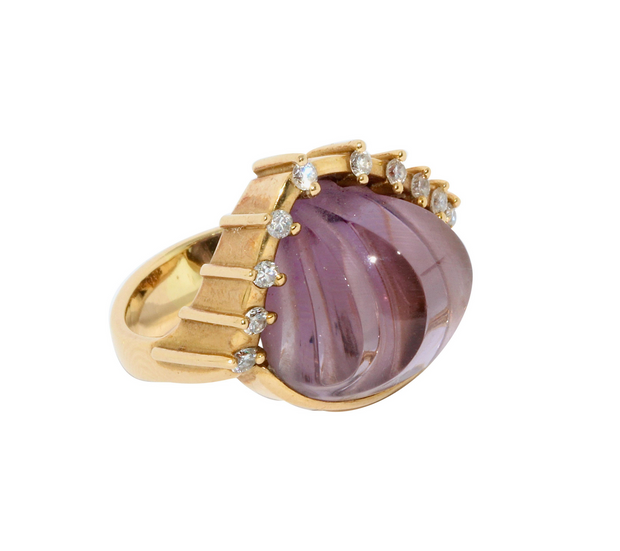 Cadeaux Ring aus 18K Gelbgold mit Amethyst als Muschel & Diamanten