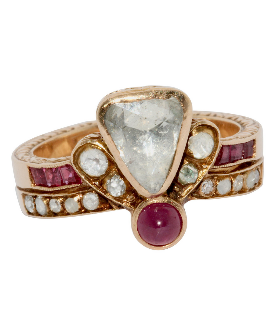 Antiker Goldring mit Rosenschliff-Diamant & Rubinen – Viktorianisch, 19. Jh.