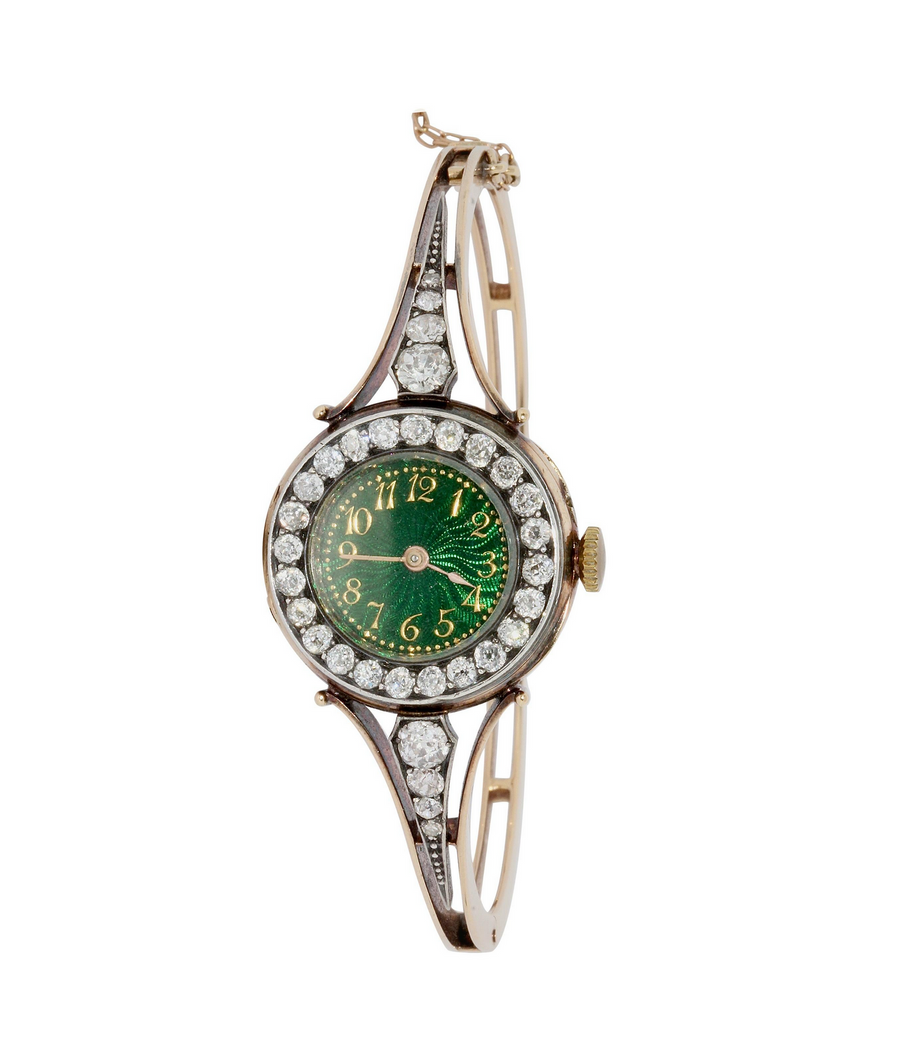 Le Roy et Fils Damenarmbanduhr aus Gold mit Diamanten & grünem Emaille-Zifferblatt
