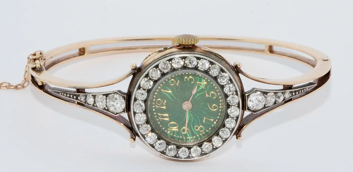 Le Roy et Fils Damenarmbanduhr aus Gold mit Diamanten & grünem Emaille-Zifferblatt