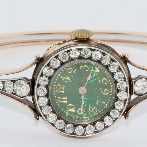 Le Roy et Fils Damenarmbanduhr aus Gold mit Diamanten & grünem Emaille-Zifferblatt