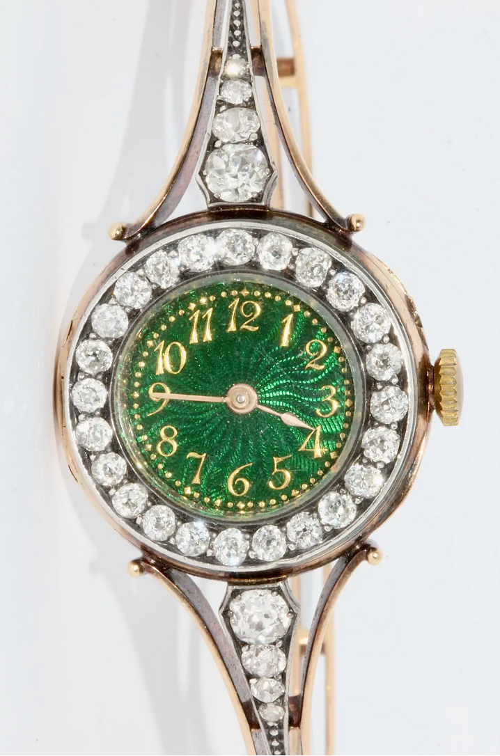 Le Roy et Fils Damenarmbanduhr aus Gold mit Diamanten & grünem Emaille-Zifferblatt