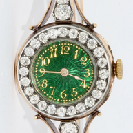 Le Roy et Fils Damenarmbanduhr aus Gold mit Diamanten & grünem Emaille-Zifferblatt