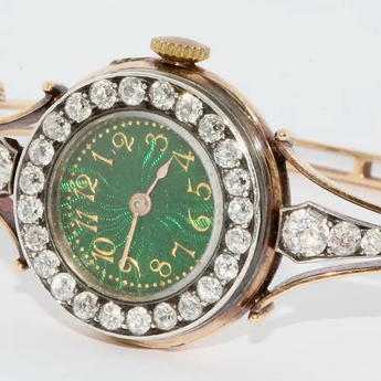 Le Roy et Fils Damenarmbanduhr aus Gold mit Diamanten & grünem Emaille-Zifferblatt