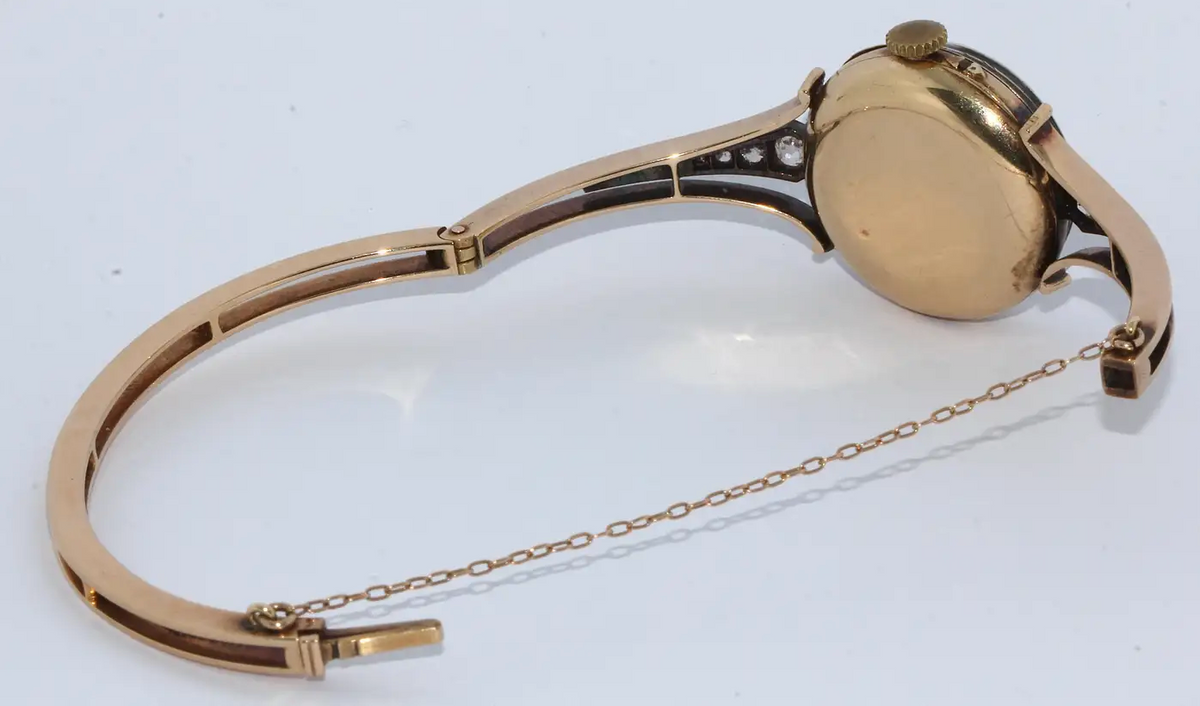 Le Roy et Fils Damenarmbanduhr aus Gold mit Diamanten & grünem Emaille-Zifferblatt