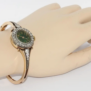 Le Roy et Fils Damenarmbanduhr aus Gold mit Diamanten & grünem Emaille-Zifferblatt