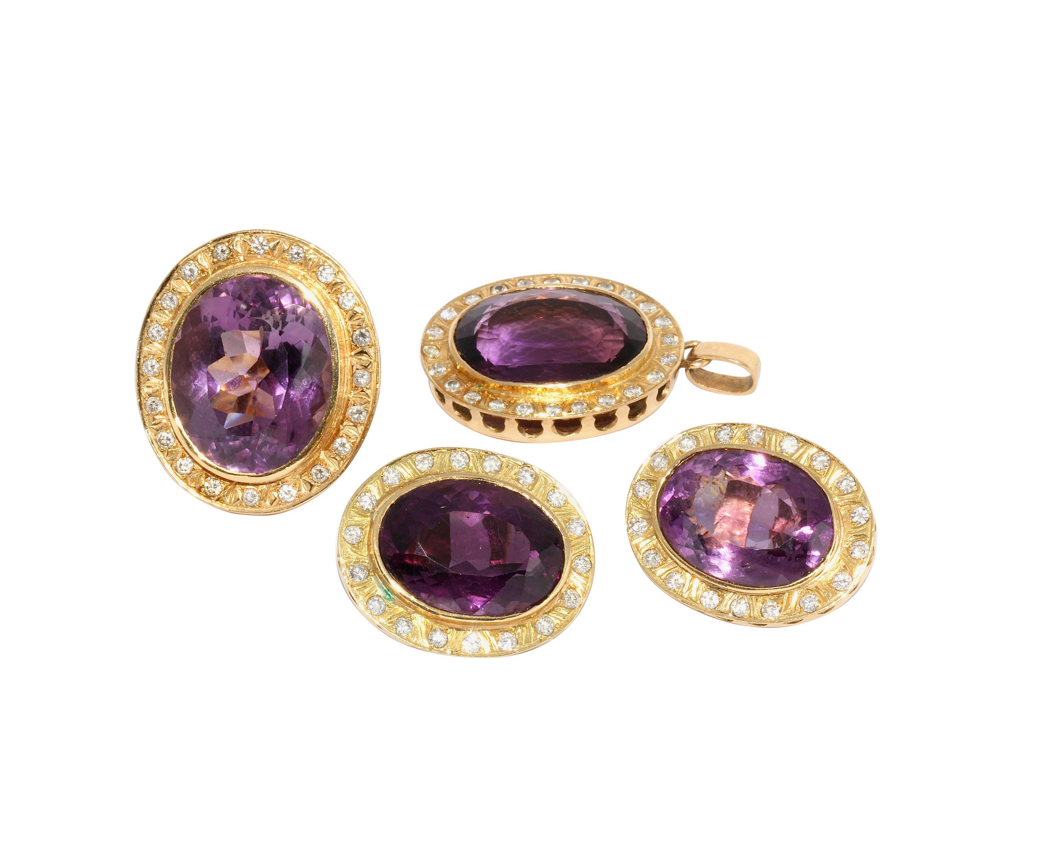 Amethyst & Diamant Schmuckset aus 18K Gold – Ring, Ohrclips & Anhänger