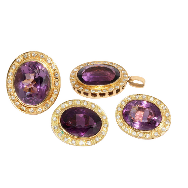 Amethyst & Diamant Schmuckset aus 18K Gold – Ring, Ohrclips & Anhänger