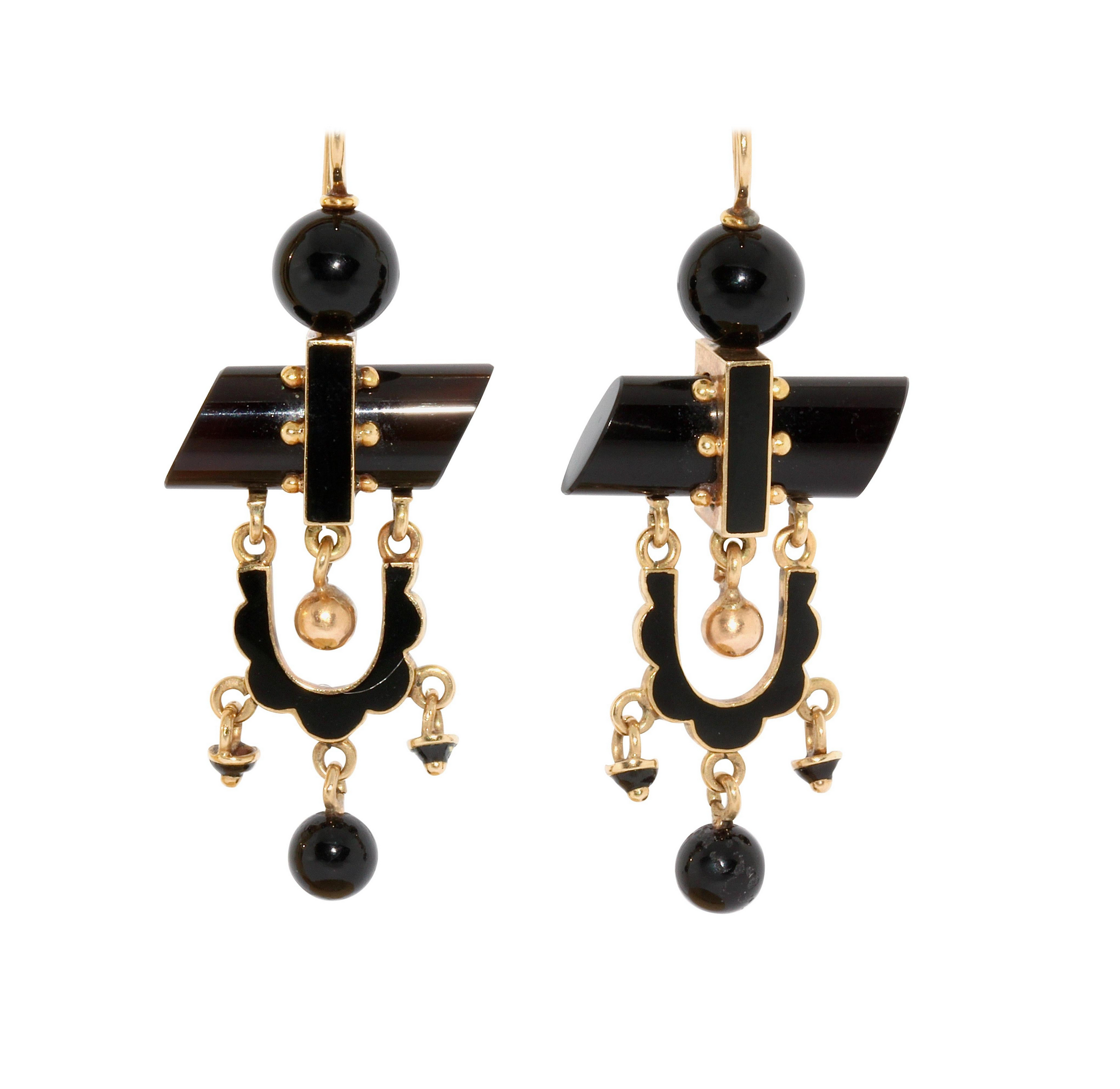Antike Onyx-Ohrringe aus Gold mit schwarzem Emaille – Viktorianisch