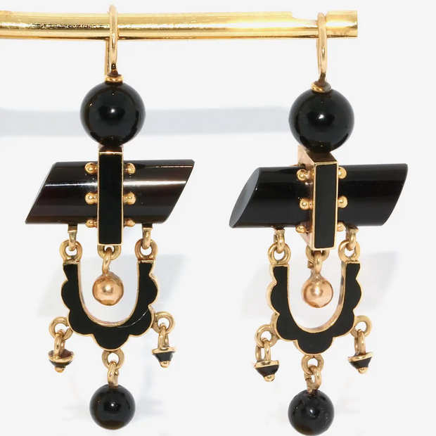 Antike Onyx-Ohrringe aus Gold mit schwarzem Emaille – Viktorianisch