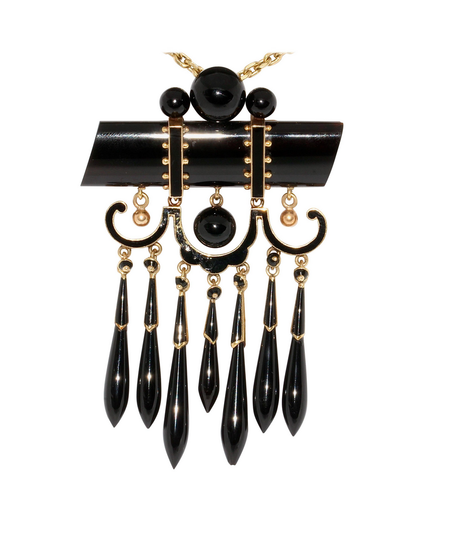 Antiker großer Onyx-Anhänger aus Gold mit schwarzem Emaille – Viktorianisch