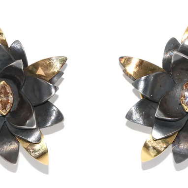 Große Designer-Ohrringe mit Diamanten aus 18 Karat Bicolor-Gold und Feinsilber