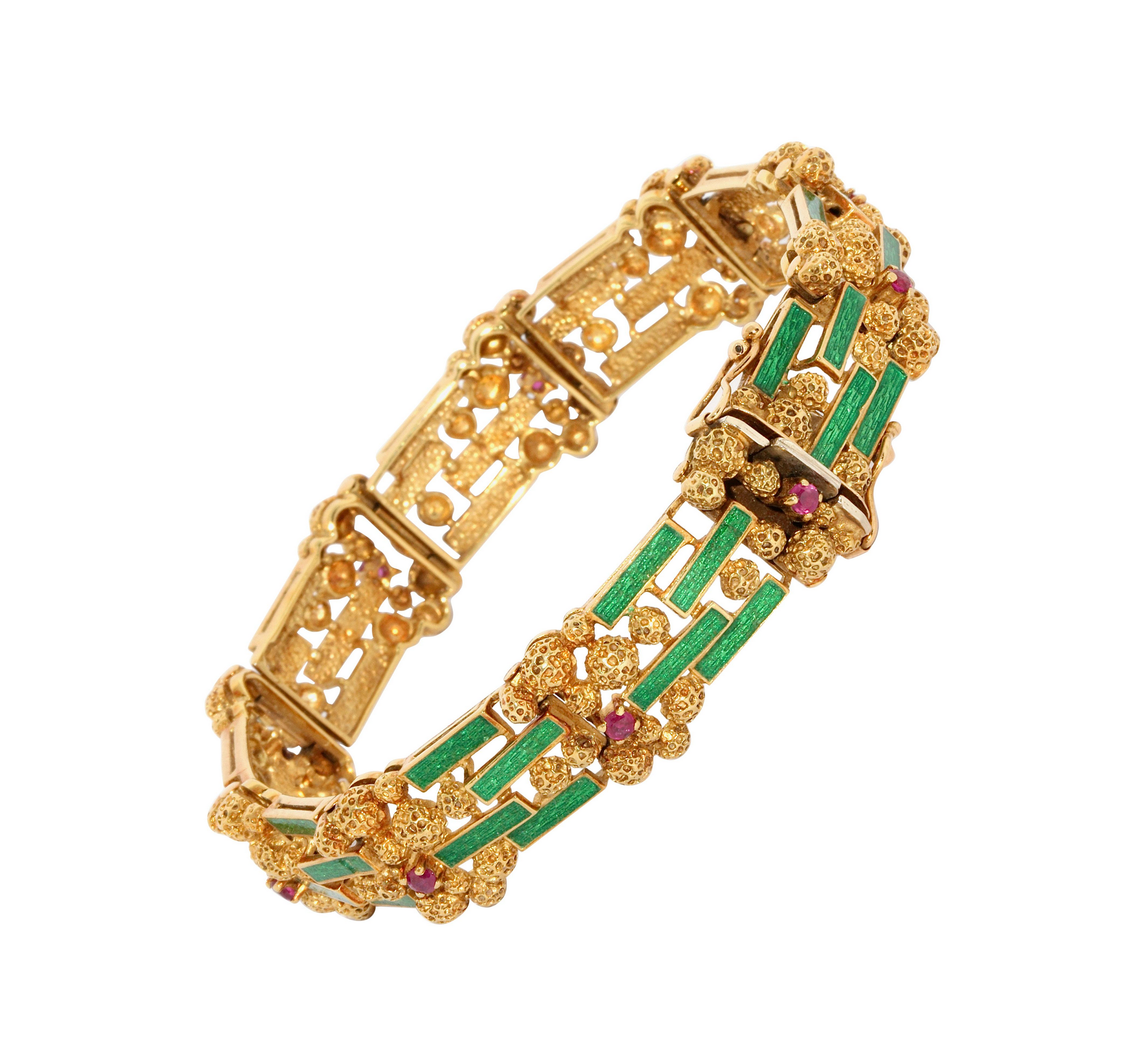 Damen-Armband aus 18 Karat Gold mit grünem Emaille und Rubinen