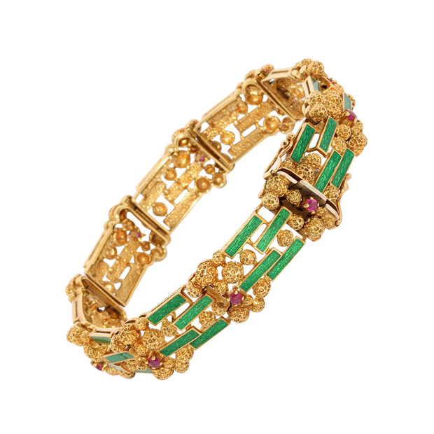 Damen-Armband aus 18 Karat Gold mit grünem Emaille und Rubinen