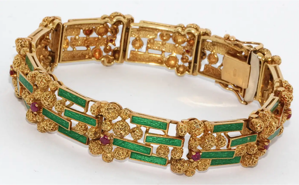 Damen-Armband aus 18 Karat Gold mit grünem Emaille und Rubinen