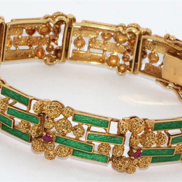 Damen-Armband aus 18 Karat Gold mit grünem Emaille und Rubinen