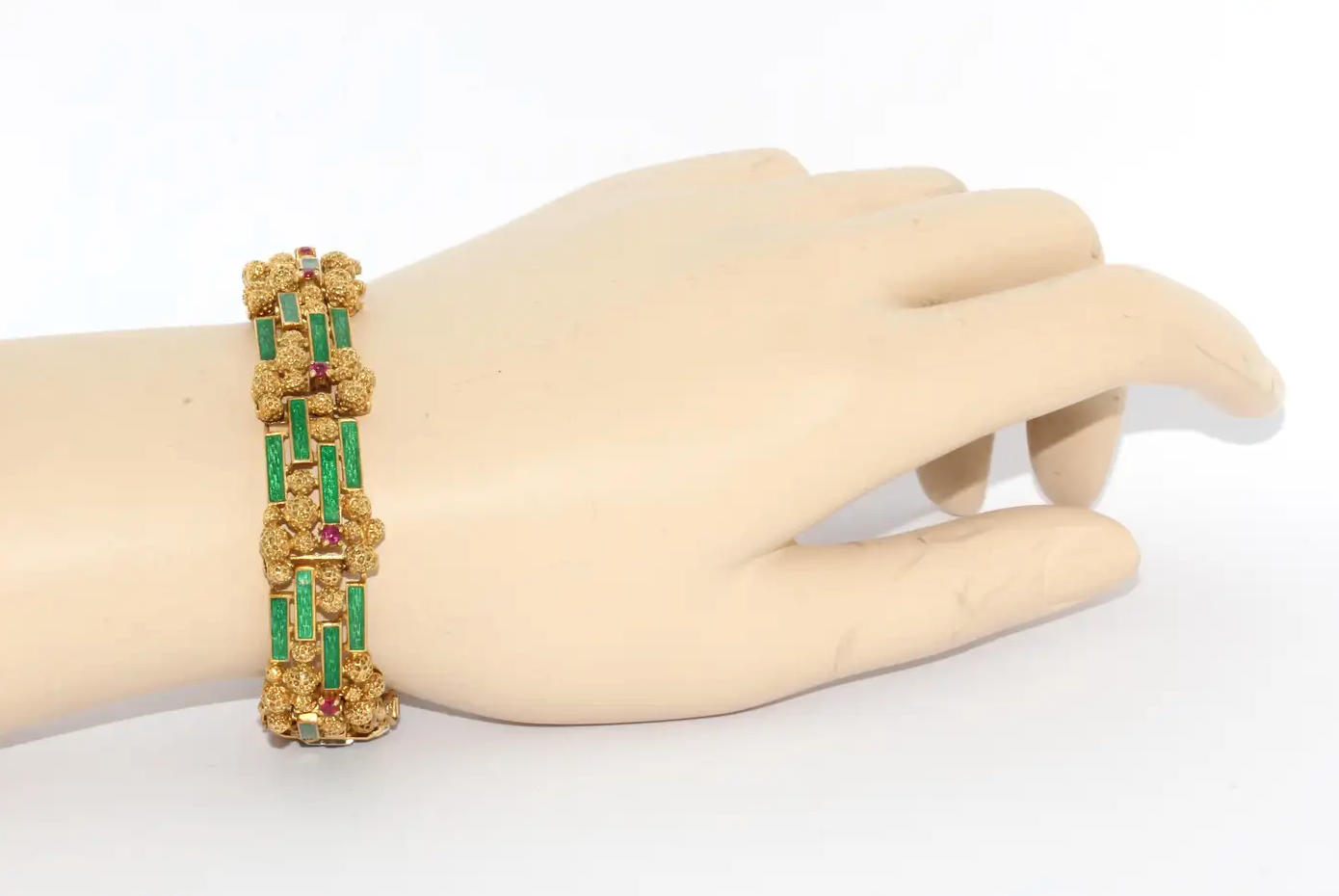 Damen-Armband aus 18 Karat Gold mit grünem Emaille und Rubinen