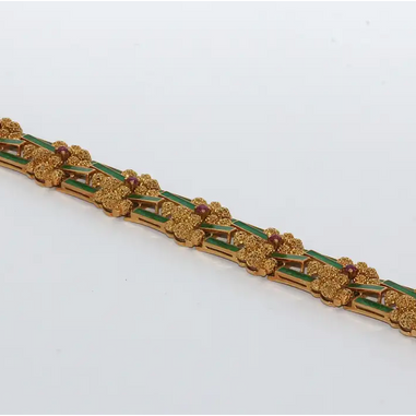 Damen-Armband aus 18 Karat Gold mit grünem Emaille und Rubinen