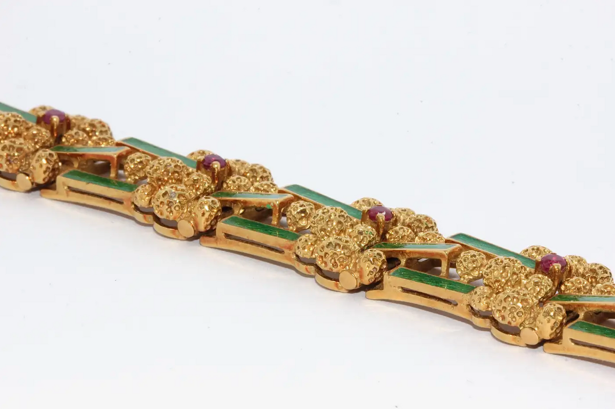 Damen-Armband aus 18 Karat Gold mit grünem Emaille und Rubinen