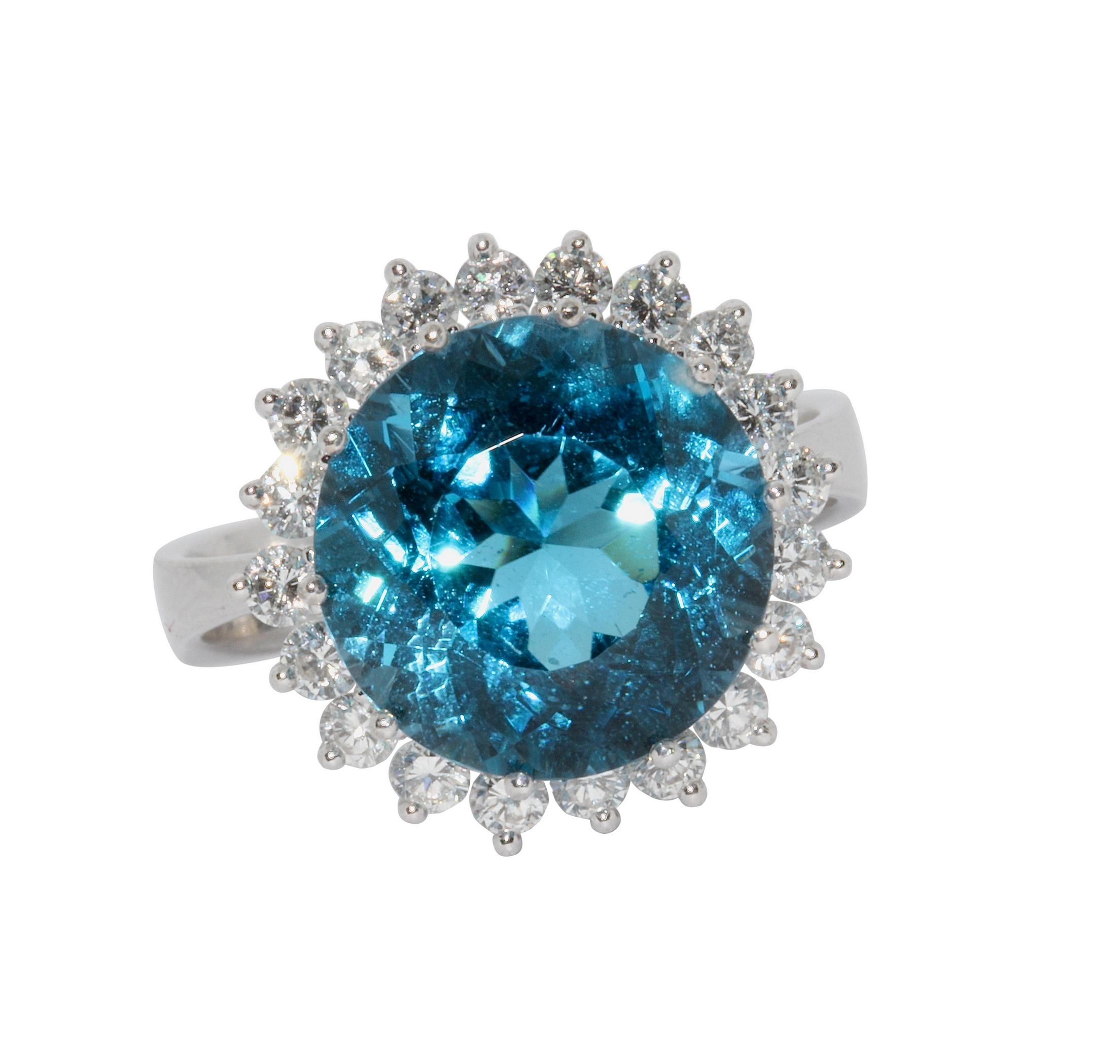 Moderner Weißgold-Ring mit großem Swiss Blue Topas und Diamanten