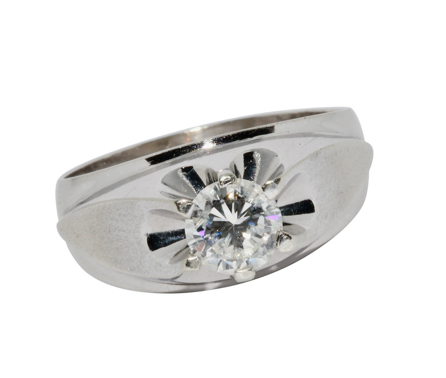 Weißgold Herren-Ring mit 1,12 Karat Solitär-Diamant, Farbe G, Reinheit SI3