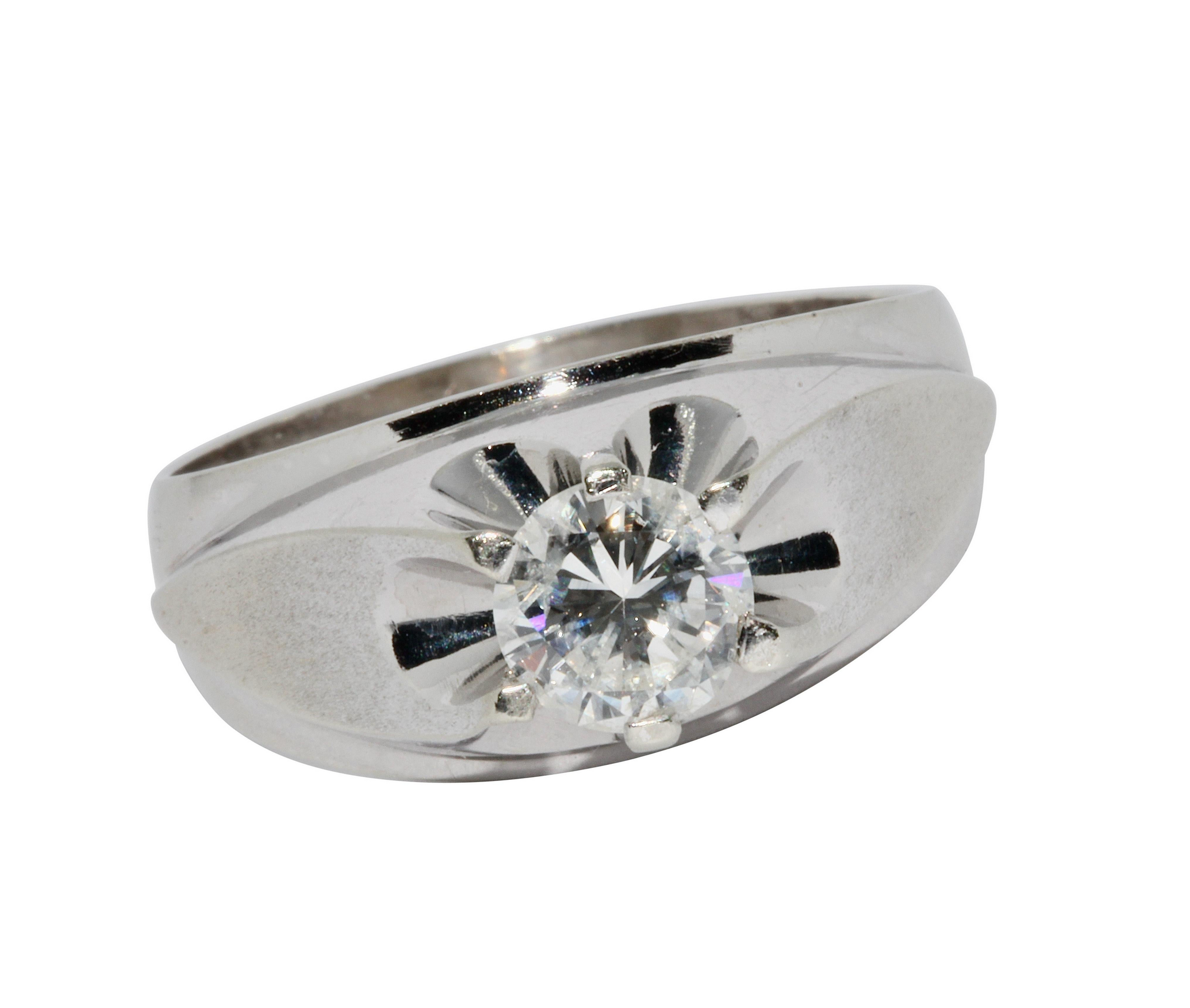 Weißgold Herren-Ring mit 1,12 Karat Solitär-Diamant, Farbe G, Reinheit SI3