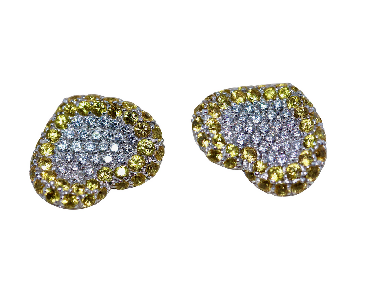 Pasquale Bruni Herz-Ohrstecker aus 18 Karat Weißgold mit Diamanten und gelben Saphiren