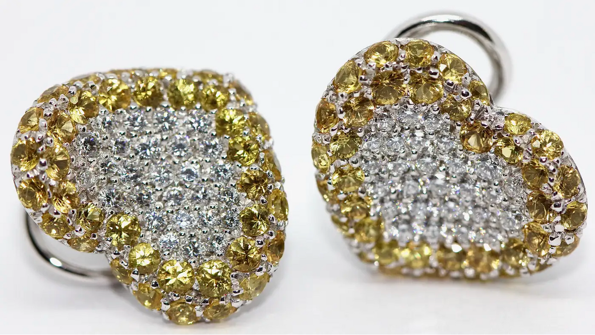 Pasquale Bruni Herz-Ohrstecker aus 18 Karat Weißgold mit Diamanten und gelben Saphiren