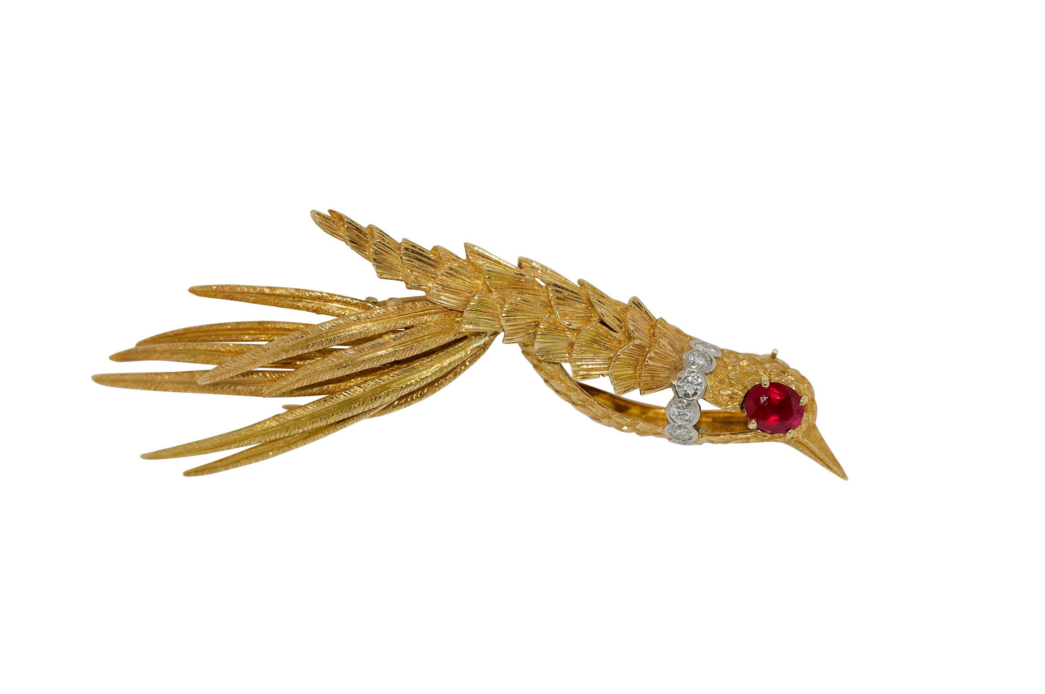 Vogel-Brosche aus 18 Karat Gold mit Rubin und Diamanten