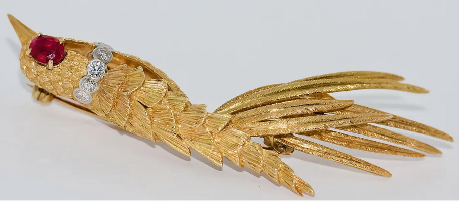 Vogel-Brosche aus 18 Karat Gold mit Rubin und Diamanten