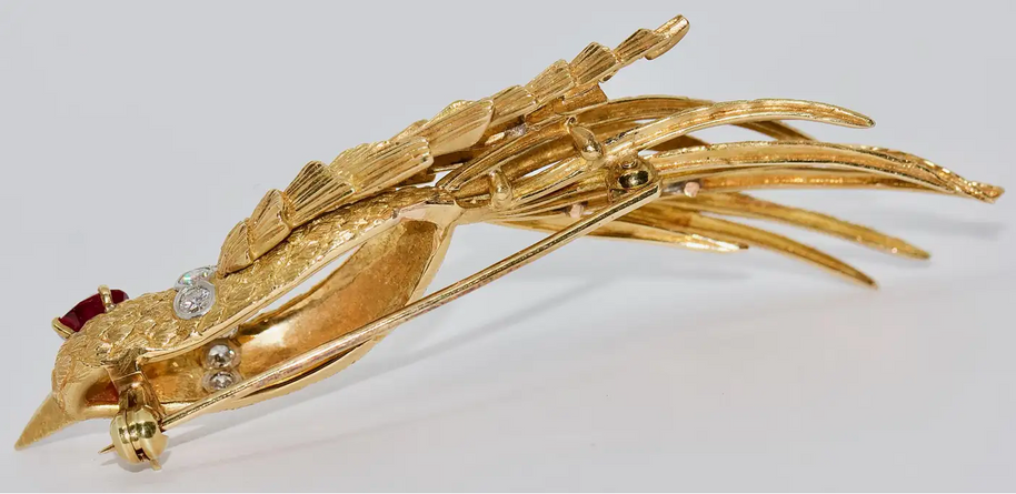 Vogel-Brosche aus 18 Karat Gold mit Rubin und Diamanten