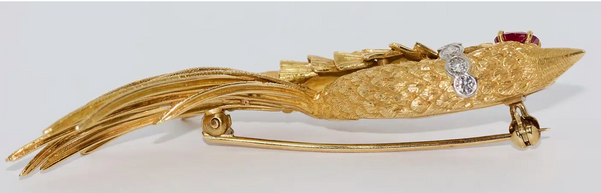 Vogel-Brosche aus 18 Karat Gold mit Rubin und Diamanten
