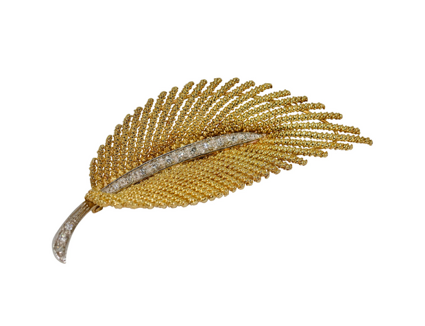 Blatt-Brosche aus 18 Karat Gelbgold mit Diamanten