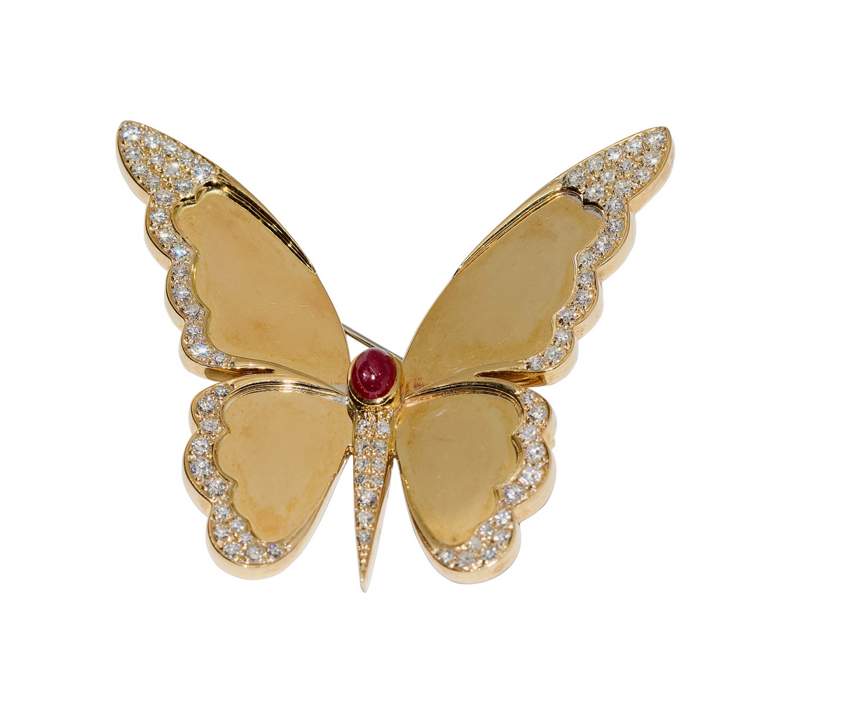 Große Schmetterlingsbrosche aus 18 Karat Gelbgold mit Diamanten und Rubin
