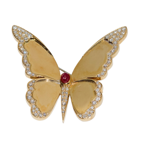 Große Schmetterlingsbrosche aus 18 Karat Gelbgold mit Diamanten und Rubin