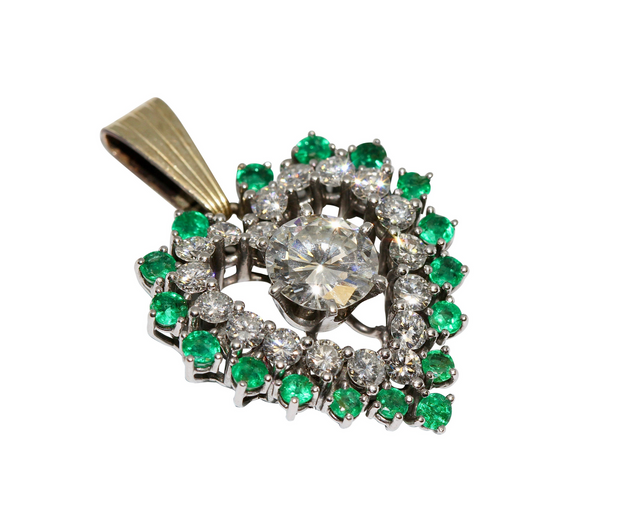 Herzanhänger aus 18 Karat Gold mit Diamanten und Smaragden – großer Solitär